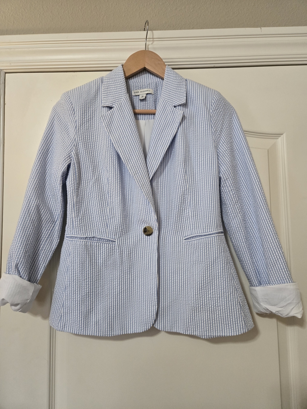 Light Blue Striped Seersucker Blazer - Women's Tailored Jacket